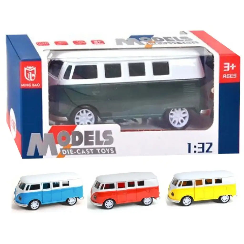 Volkswagen T1 1/32-es hátrahúzható fém autómodell nyitható ajtóval, fénnyel és hanggal több változatban kép 1