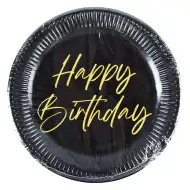 Elegáns fekete-arany színű szülinapi "Happy Birthday" feliratú papírtányér 8db-os szett 23cm