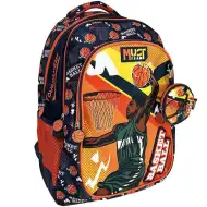 Luna: Must Team kosárlabda mintás narancssárga - kék lekerekített 3 rekeszes iskolatáska, hátizsák 32x18x43cm