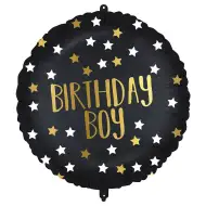 Szülinapi fólia lufi – "Birthday Boy" felirattal, fekete-arany csillagos 46cm